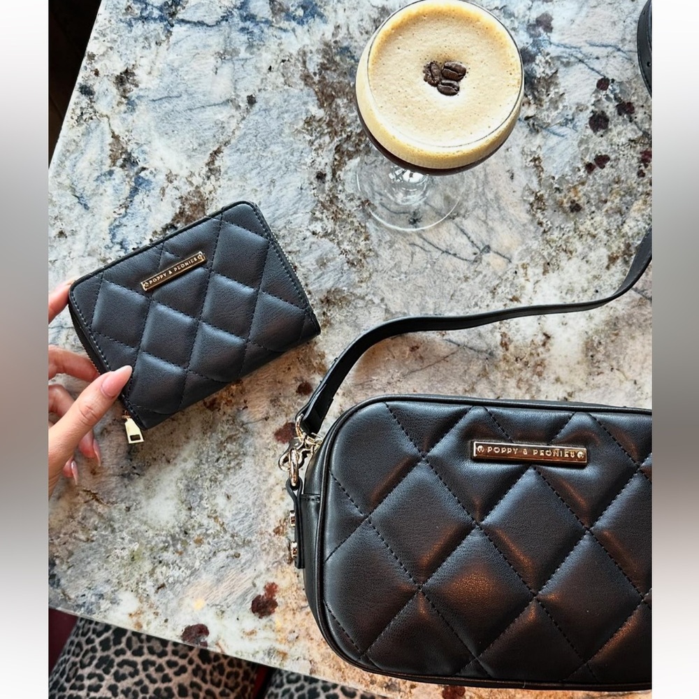 Poppy & Peonies Black Quilted Crossbody Bag & Wallet